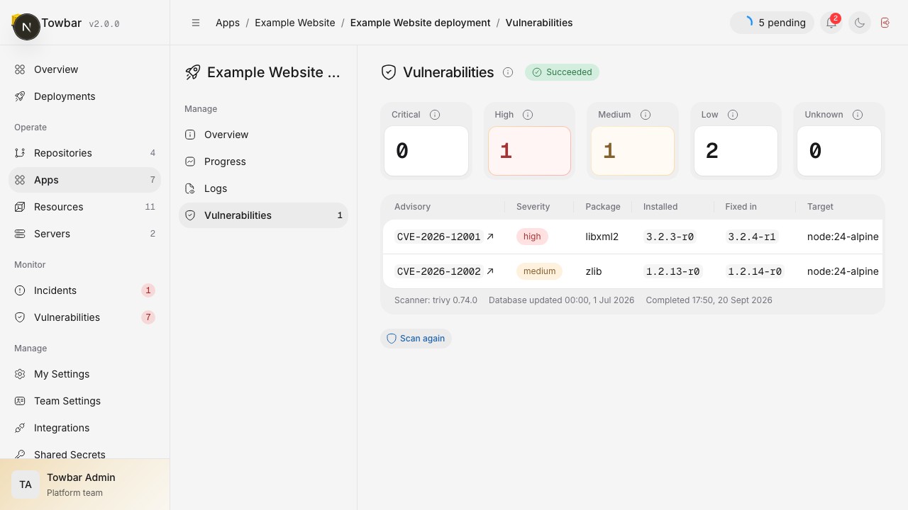 Deployment findings identify the package, installed version, and available fixed version.