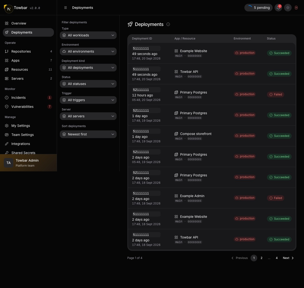 Filter deployment history by status, trigger, and workload.