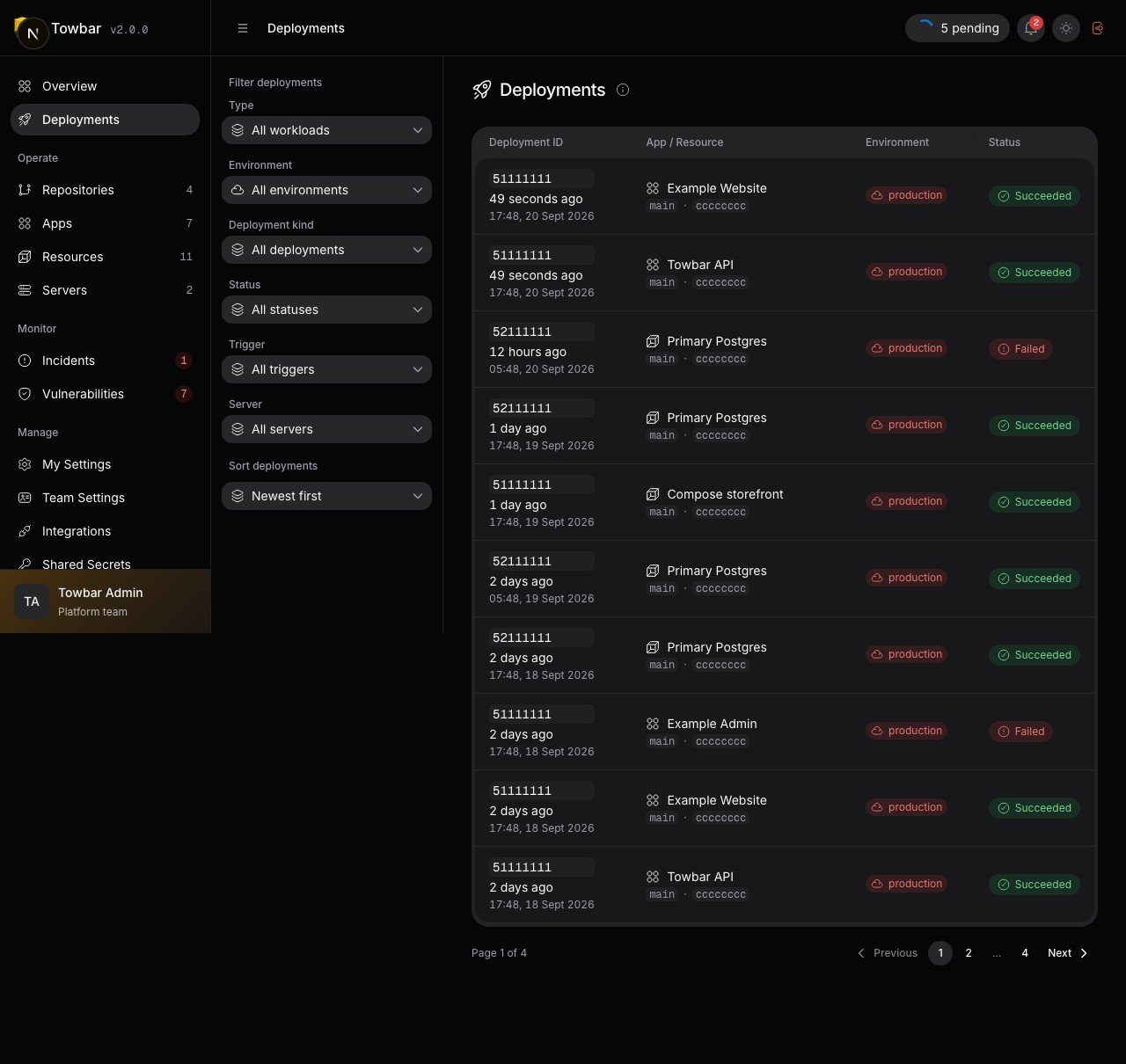 Filter deployment history by status, trigger, and workload.