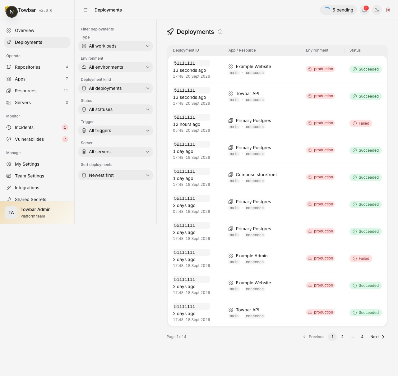 Filter deployment history by status, trigger, and workload.