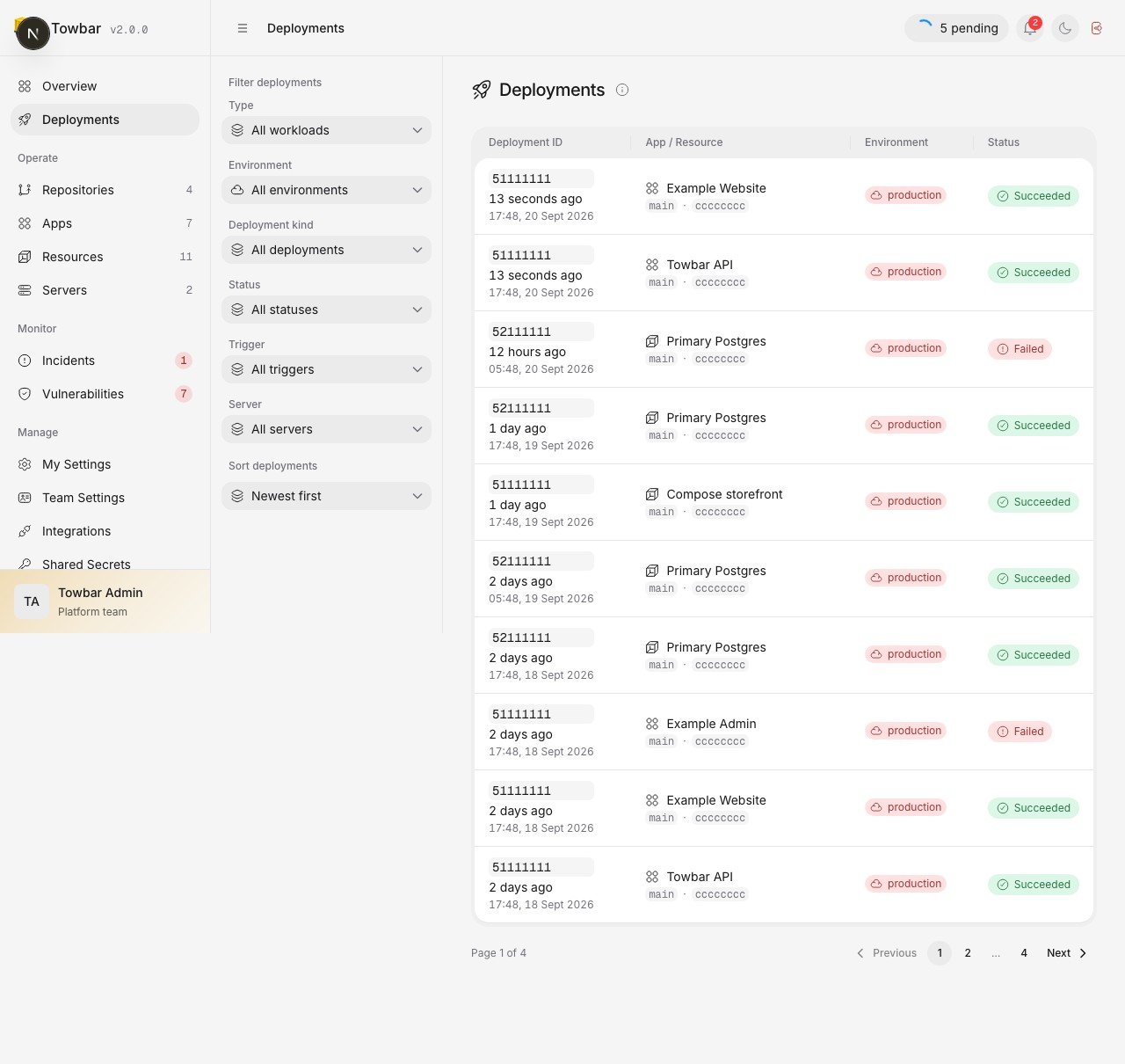Filter deployment history by status, trigger, and workload.