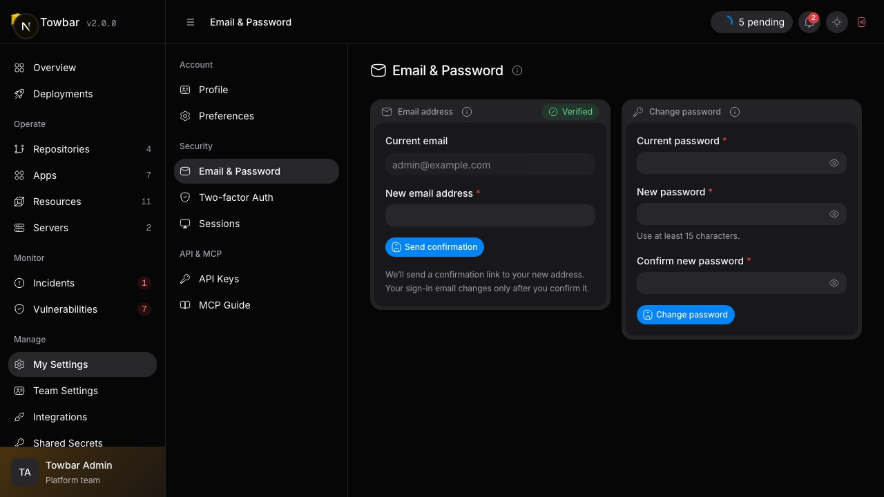 Email and password have separate forms in My Settings.