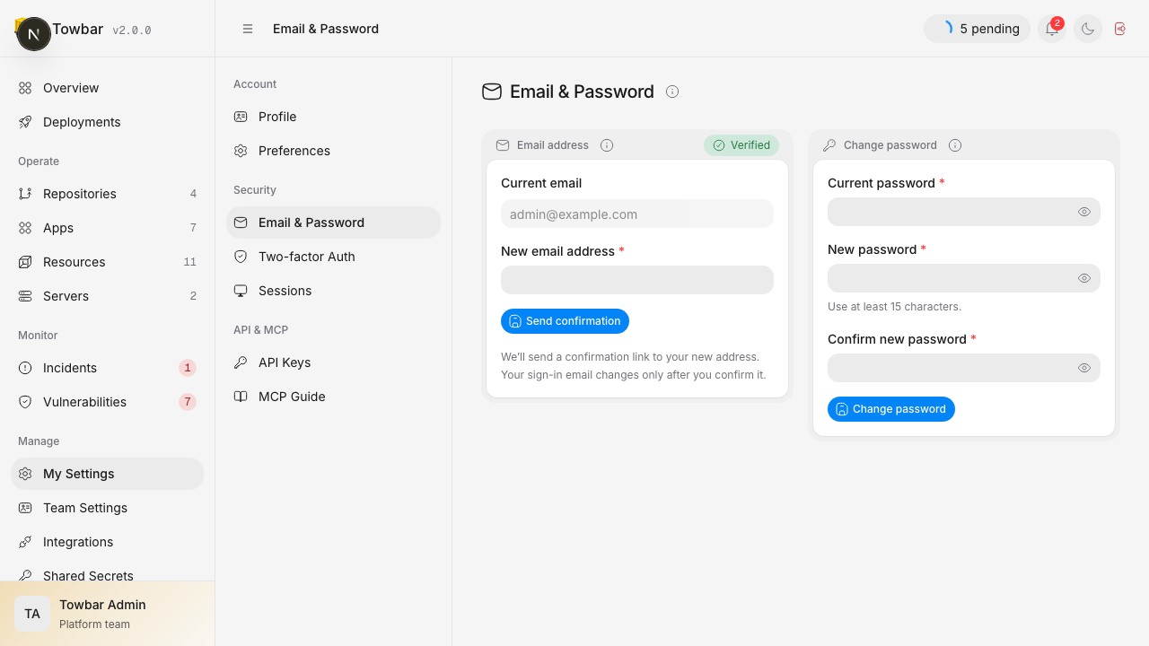 Email and password have separate forms in My Settings.