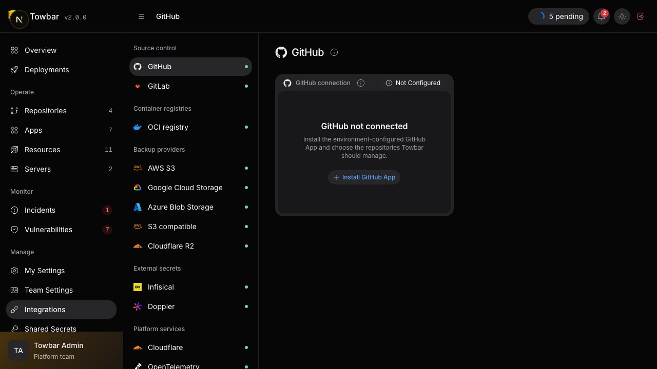 GitHub shows runtime App availability before an installation is connected.