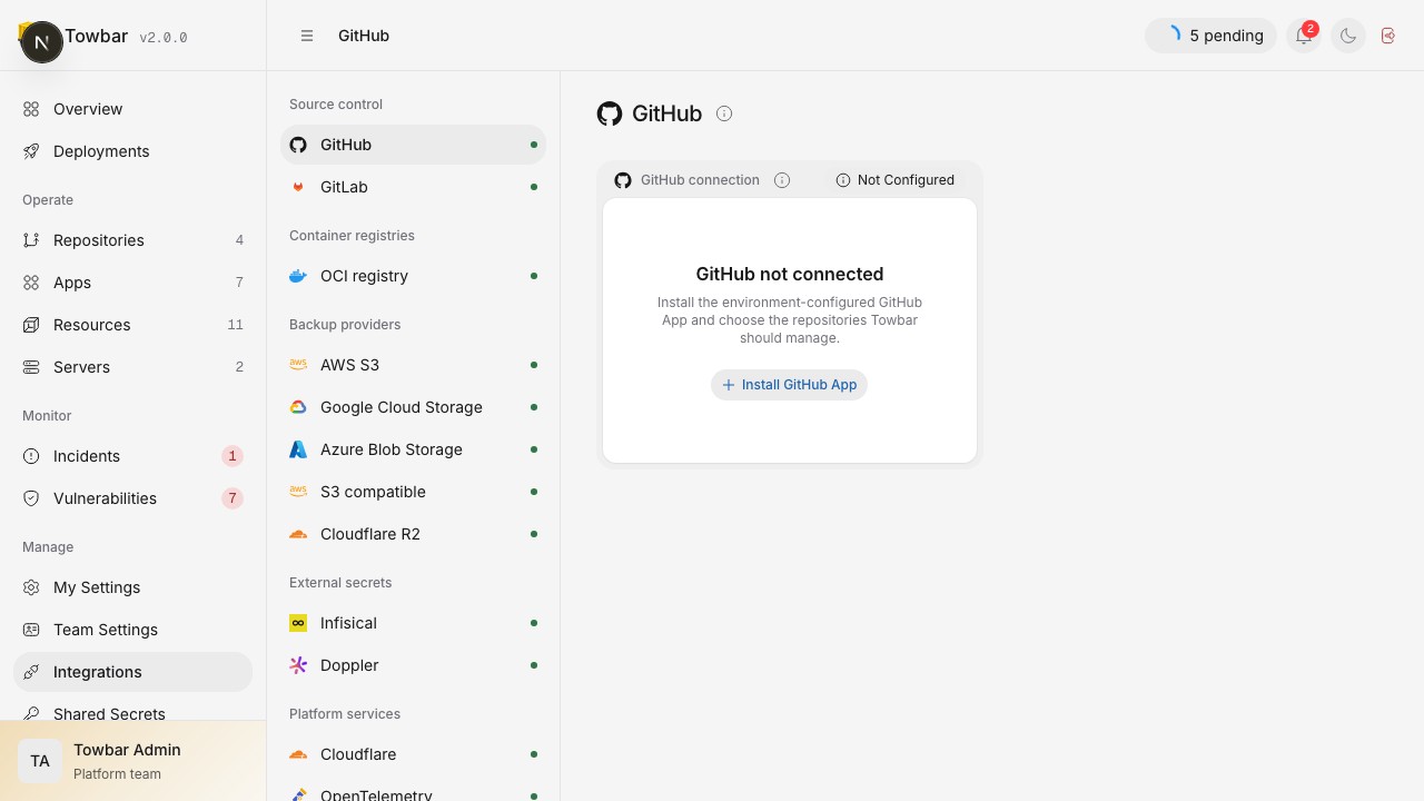GitHub shows runtime App availability before an installation is connected.
