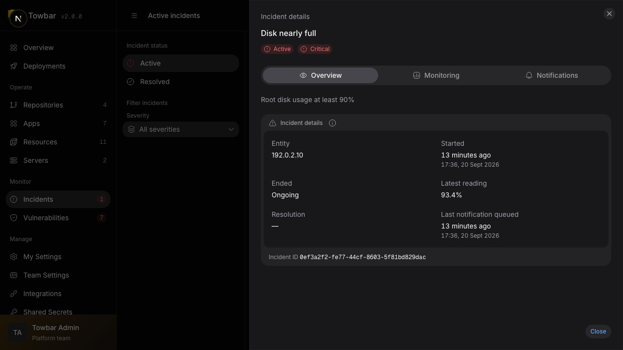 Incident details show the affected entity, latest reading, and notification timing.