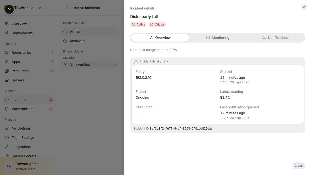 Incident details show the affected entity, latest reading, and notification timing.