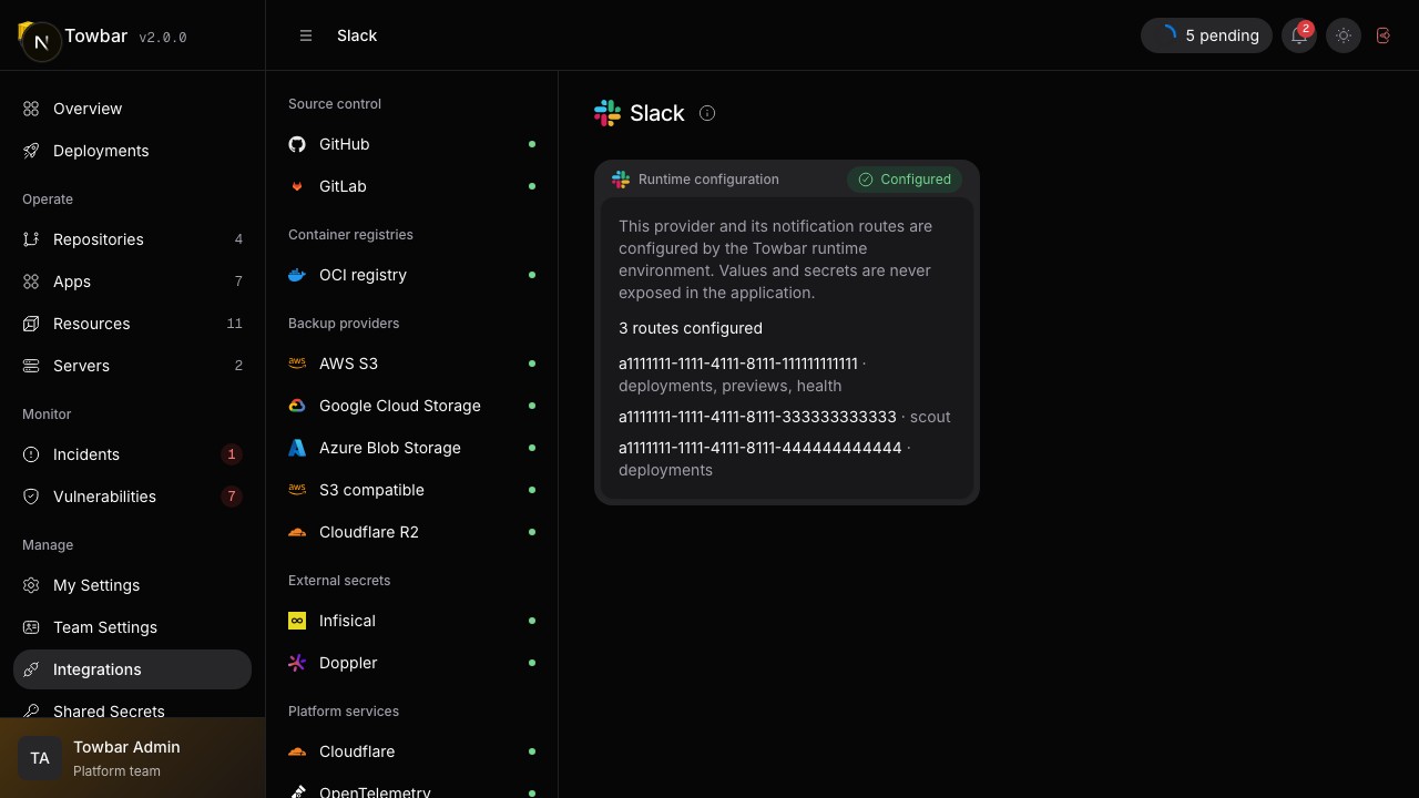 Configured notification providers and their delivery history appear inside Integrations.