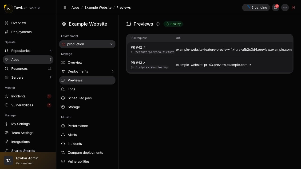 Preview environments show their URL, commit, expiry, and cleanup status.