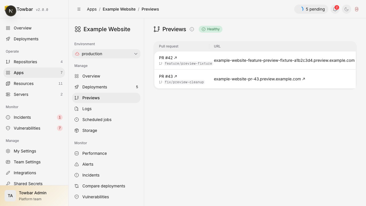 Preview environments show their URL, commit, expiry, and cleanup status.