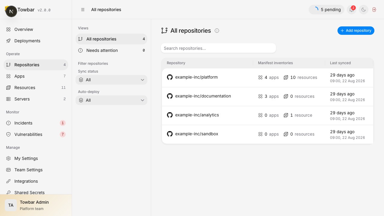 Repositories show their imported app and resource inventories and latest sync time.