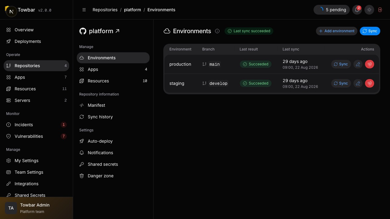 Map a branch to each named environment in the repository.