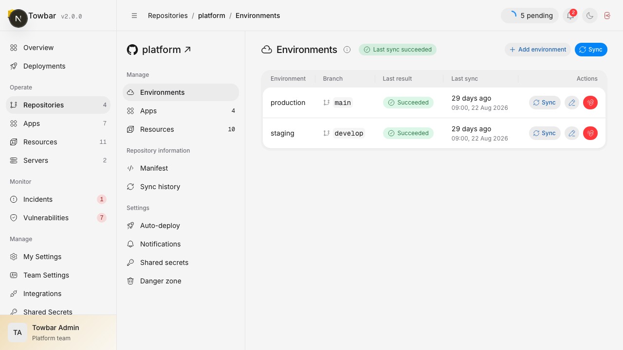 Map a branch to each named environment in the repository.