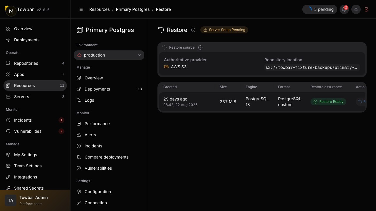 A restorable backup still needs configured provider credentials before Restore is available.