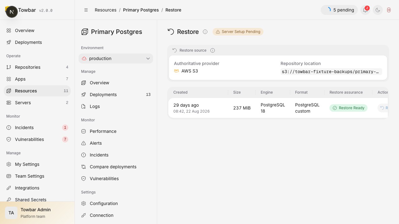 A restorable backup still needs configured provider credentials before Restore is available.