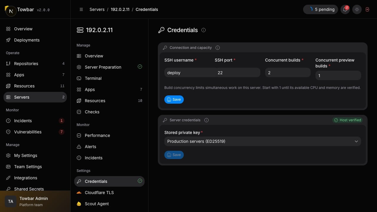 Select a stored SSH key under Credentials. Host verified records the server identity check.