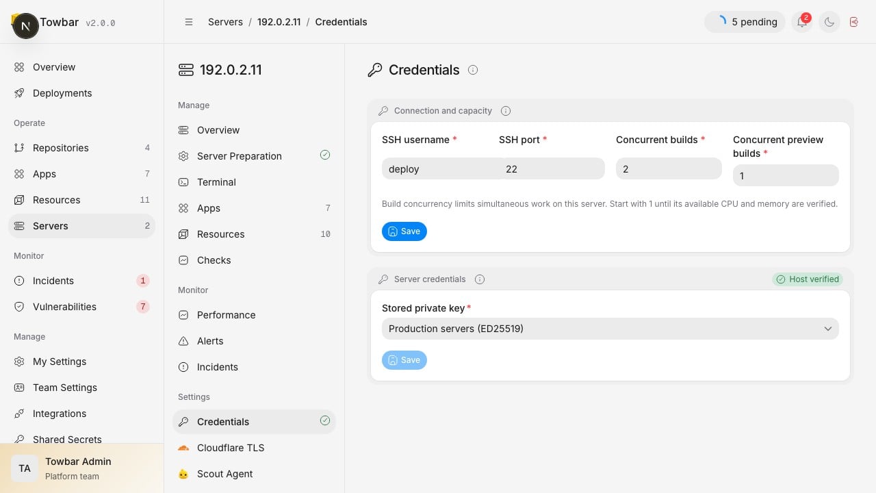 Select a stored SSH key under Credentials. Host verified records the server identity check.