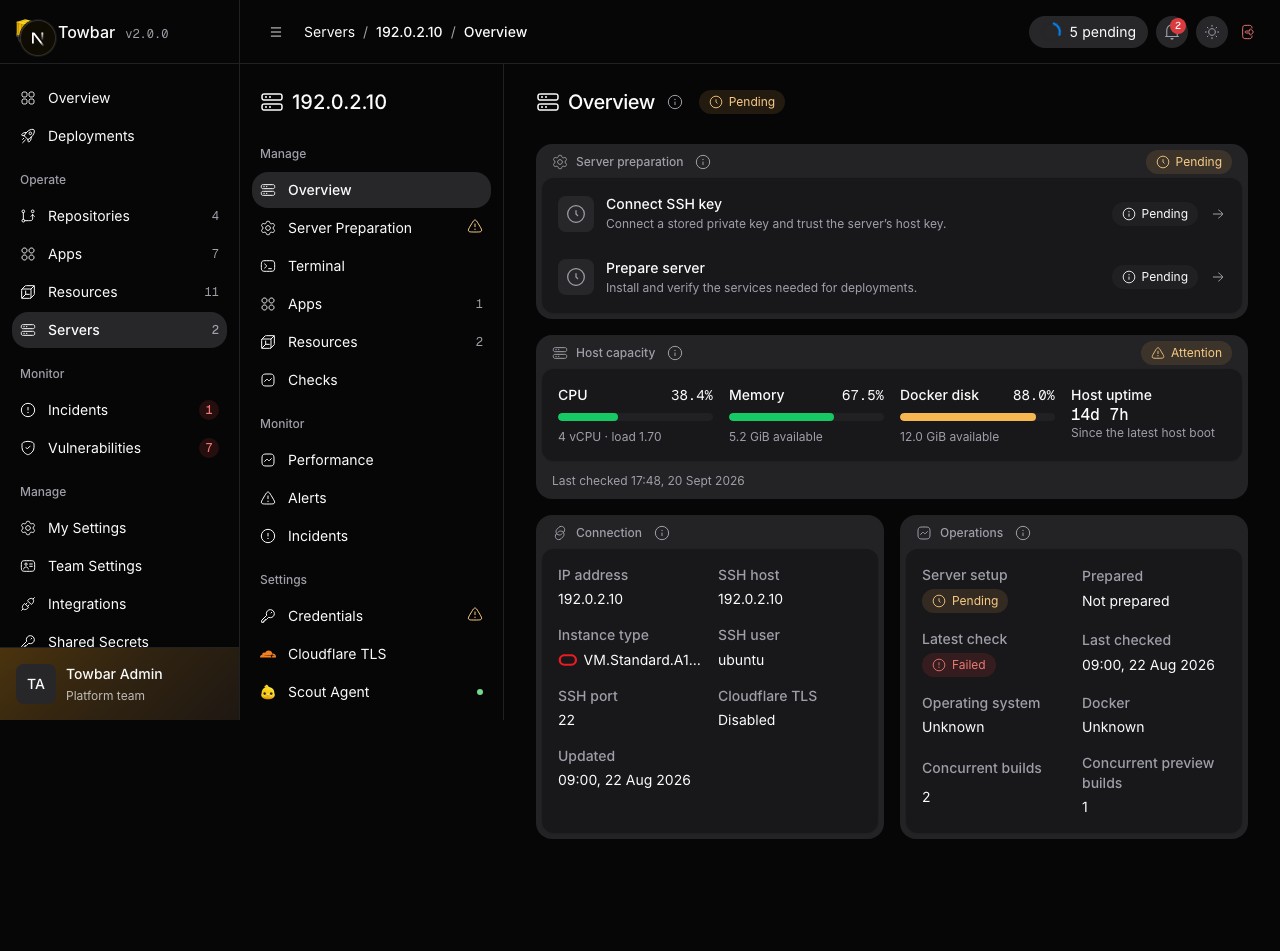 Host capacity, connection details, and recent operations appear on the server Overview.