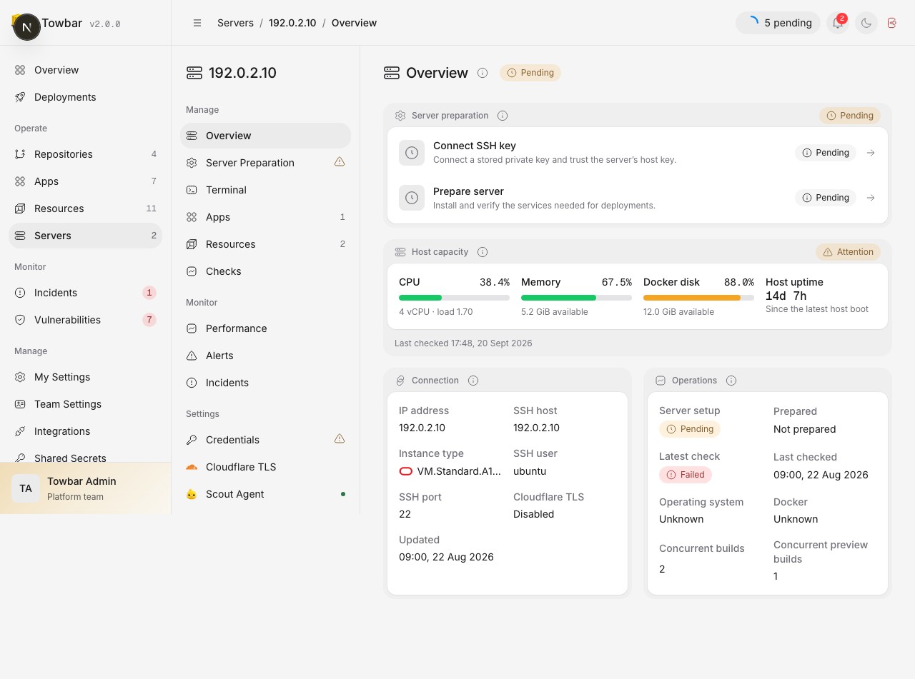 Host capacity, connection details, and recent operations appear on the server Overview.