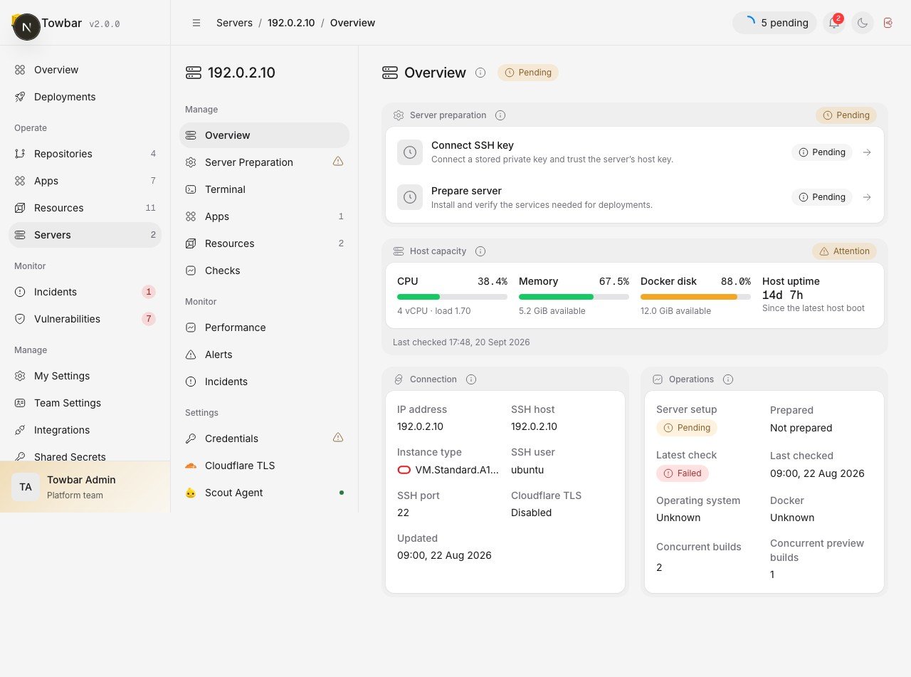 Host capacity, connection details, and recent operations appear on the server Overview.