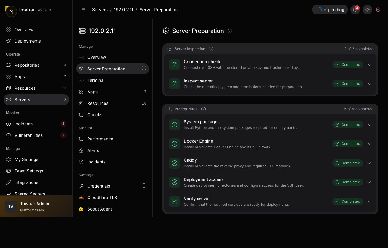Server Preparation keeps the complete inspection and prerequisites checklist available after setup finishes.