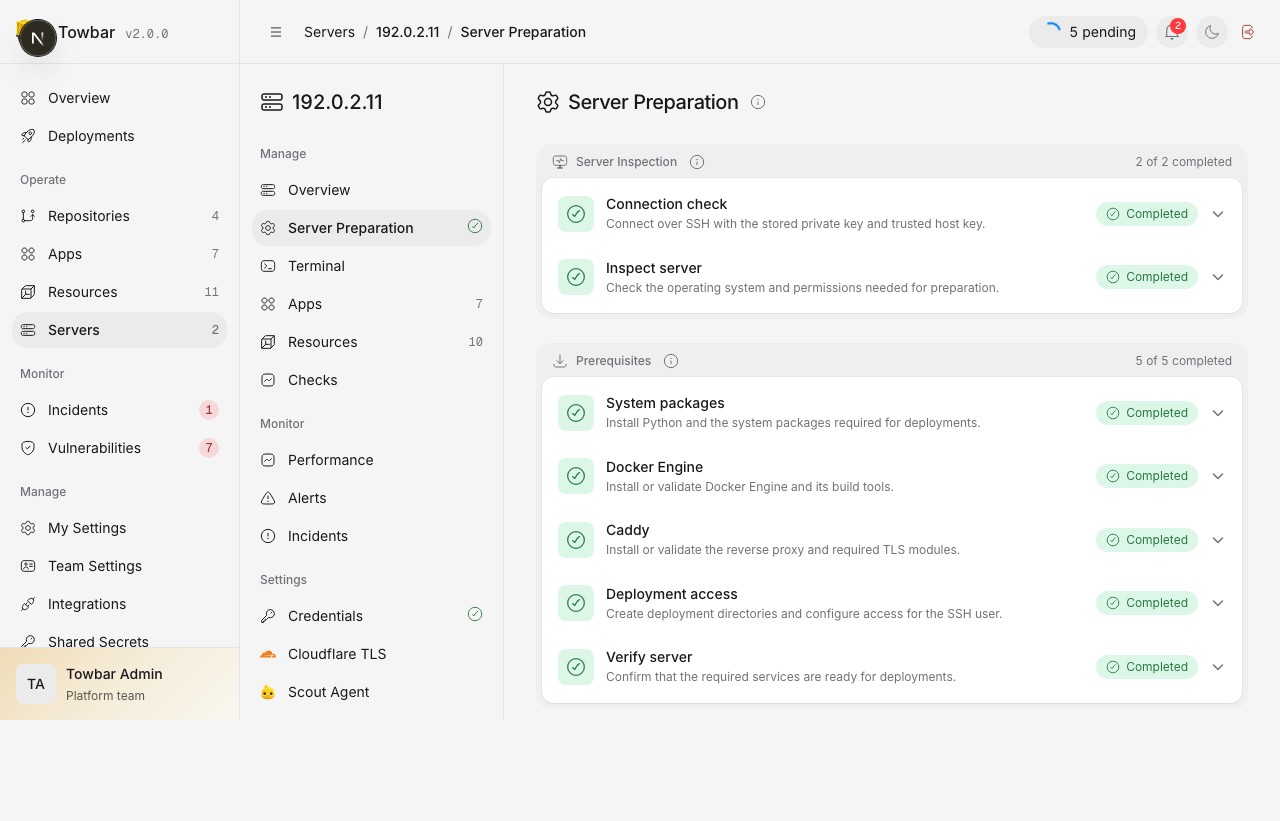 Server Preparation keeps the complete inspection and prerequisites checklist available after setup finishes.