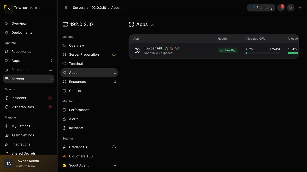 A server’s Apps page compares observed usage with allocated CPU and memory.
