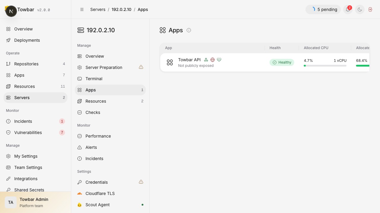 A server’s Apps page compares observed usage with allocated CPU and memory.