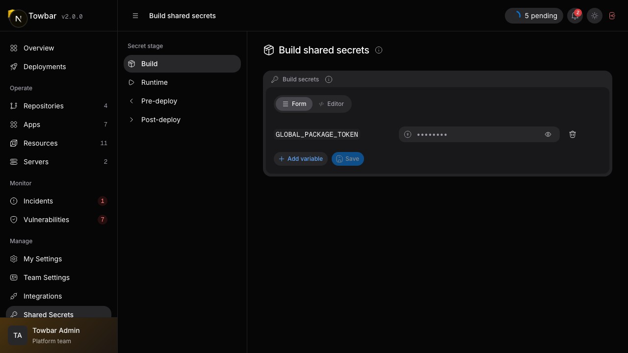 Shared secret names remain visible while their saved values are masked.