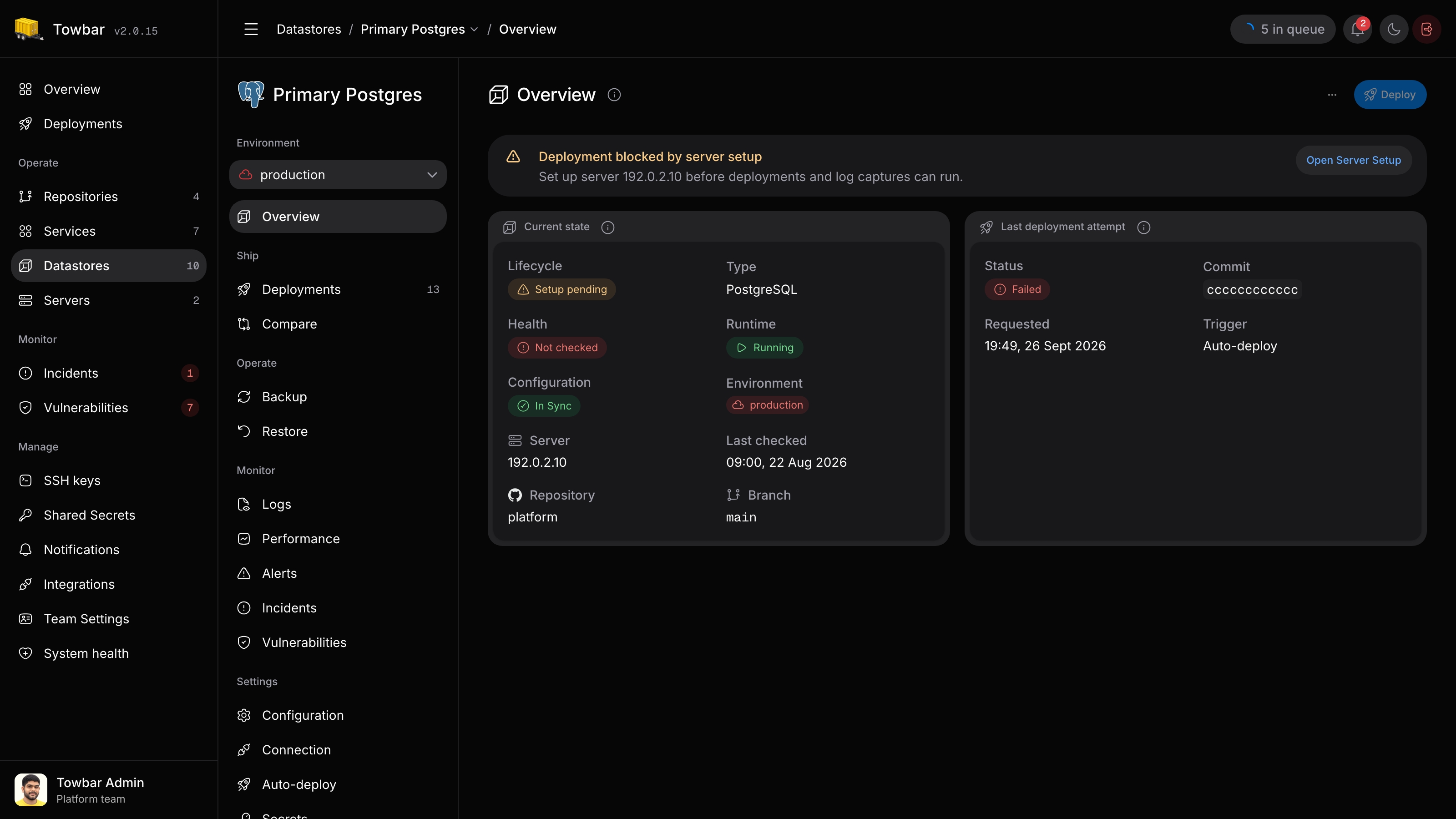 Datastore state and the latest deployment attempt are shown separately.