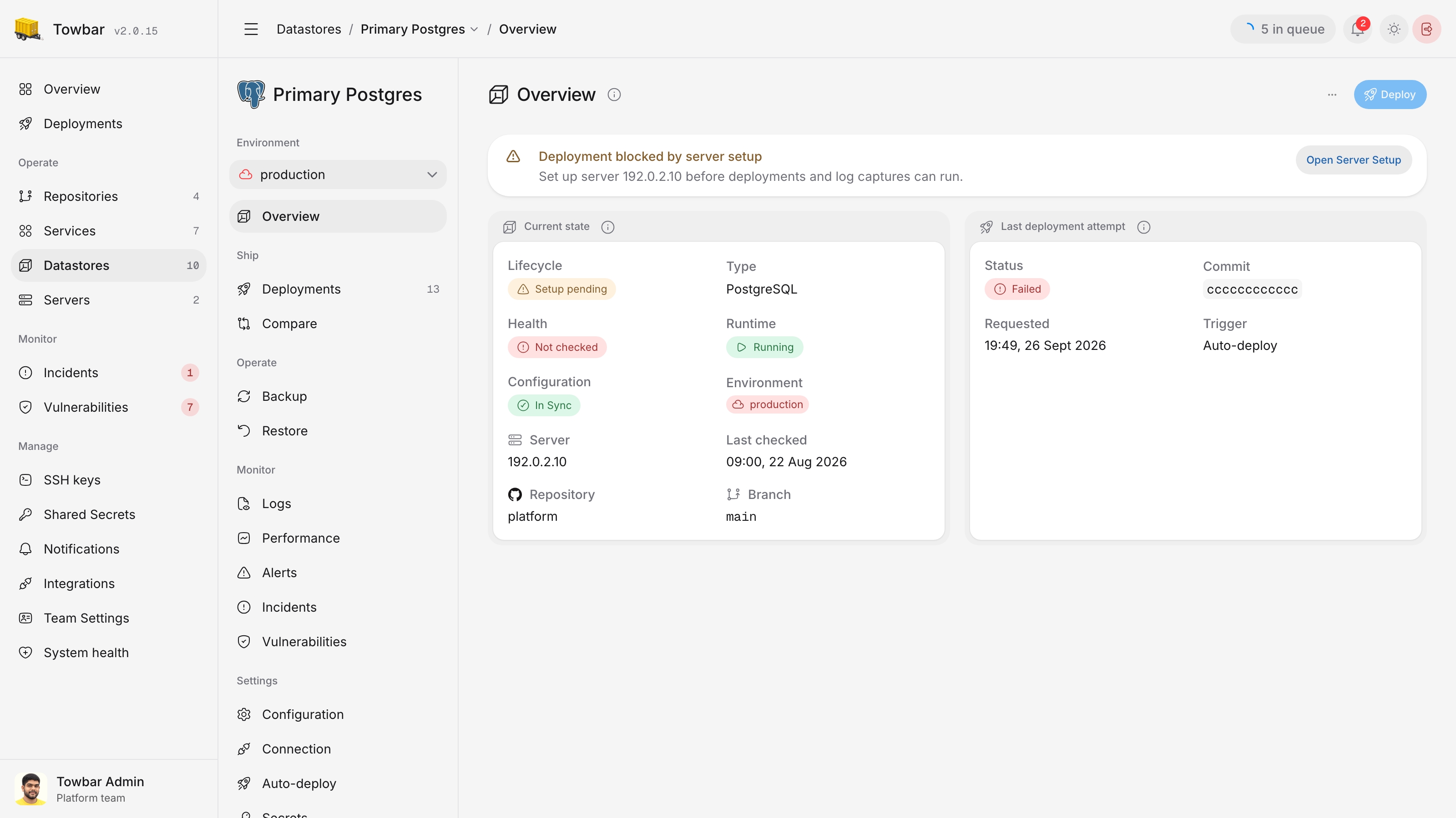 Datastore state and the latest deployment attempt are shown separately.