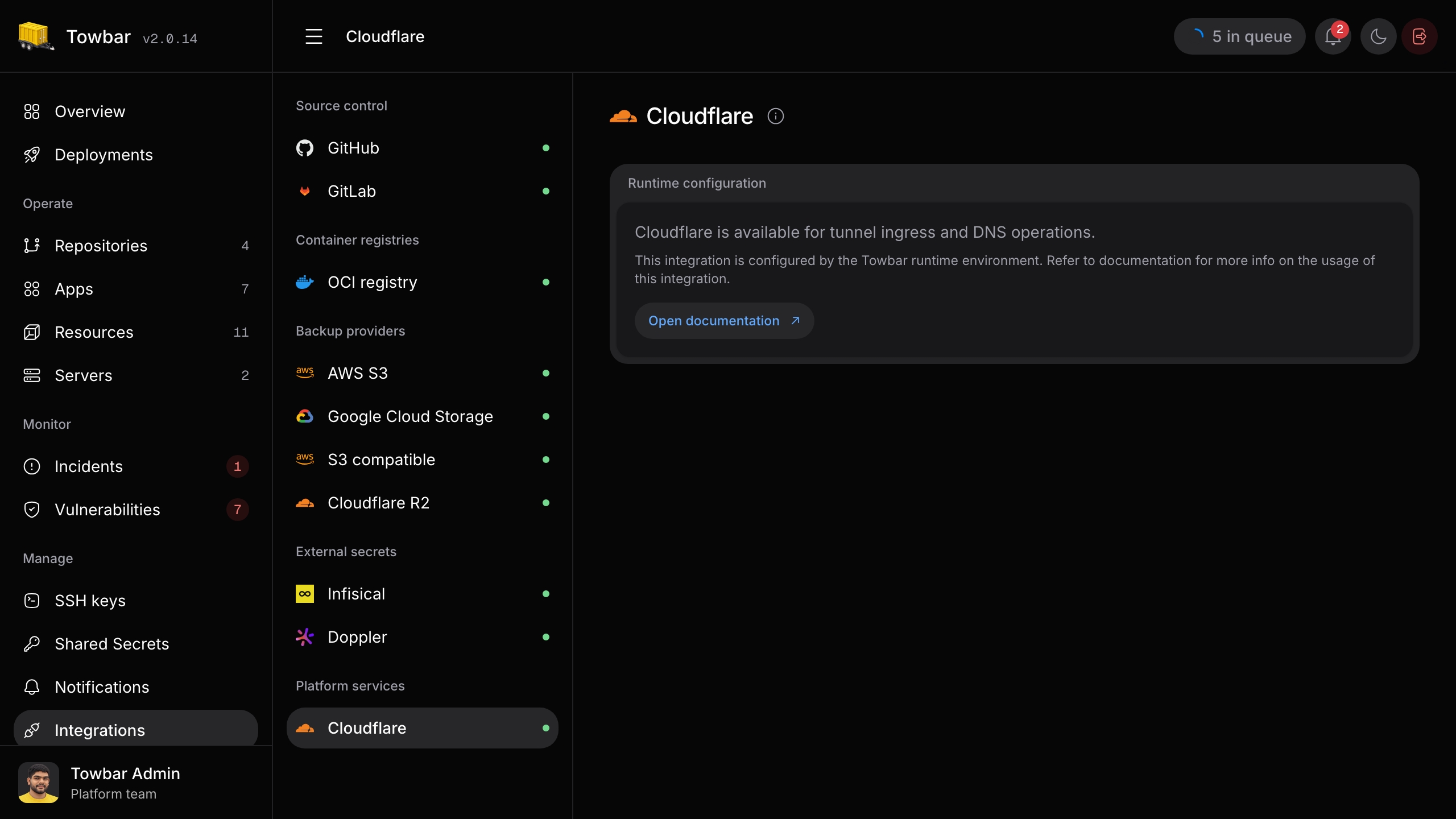 Cloudflare integration settings in Towbar.
