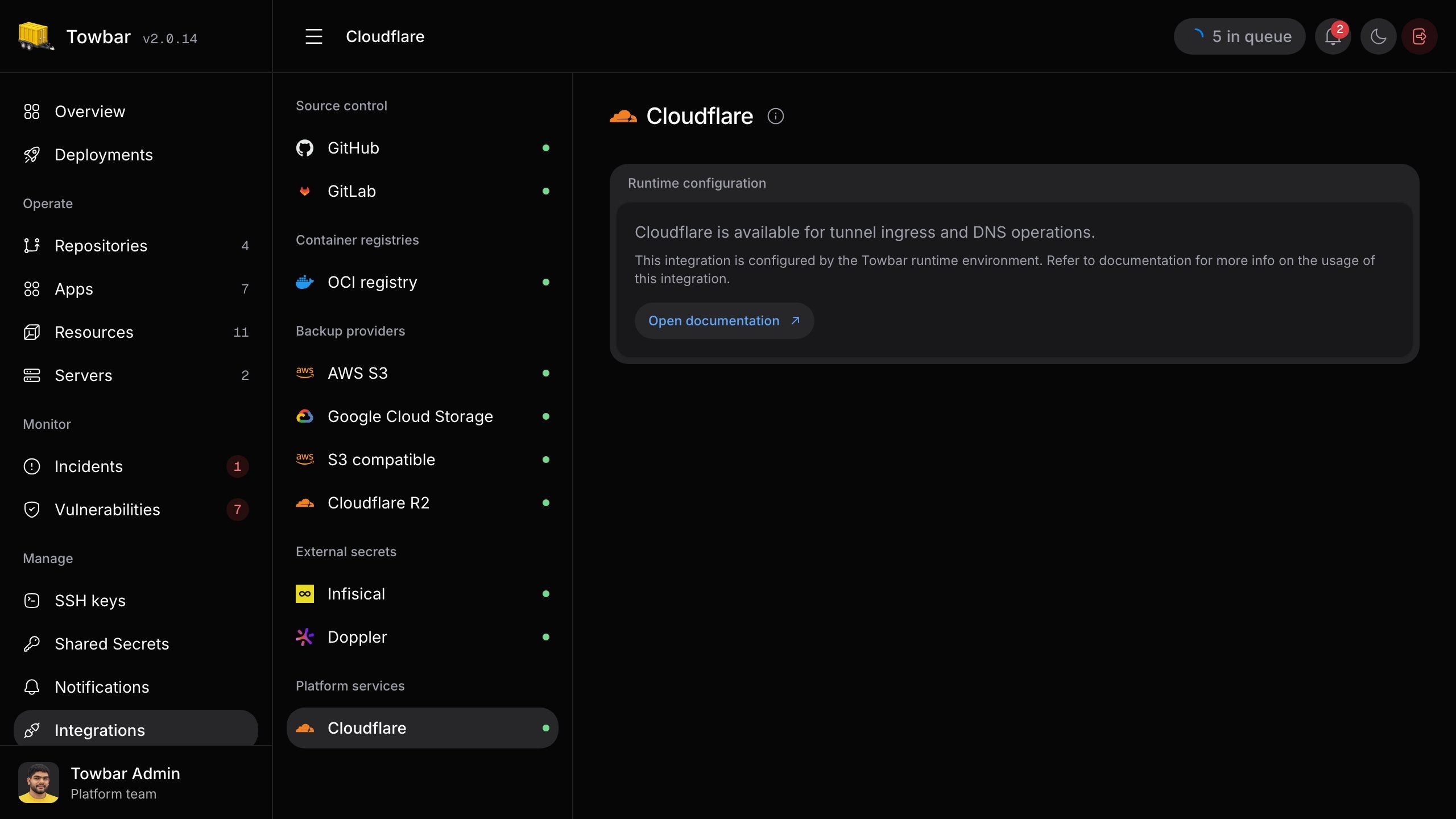 Cloudflare integration settings in Towbar.