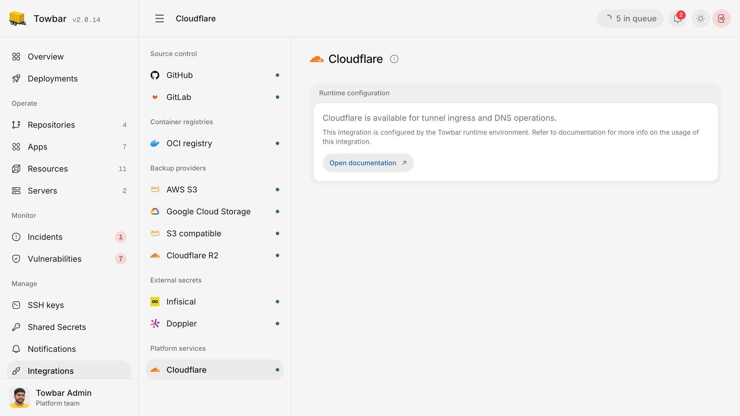 Cloudflare integration settings in Towbar.