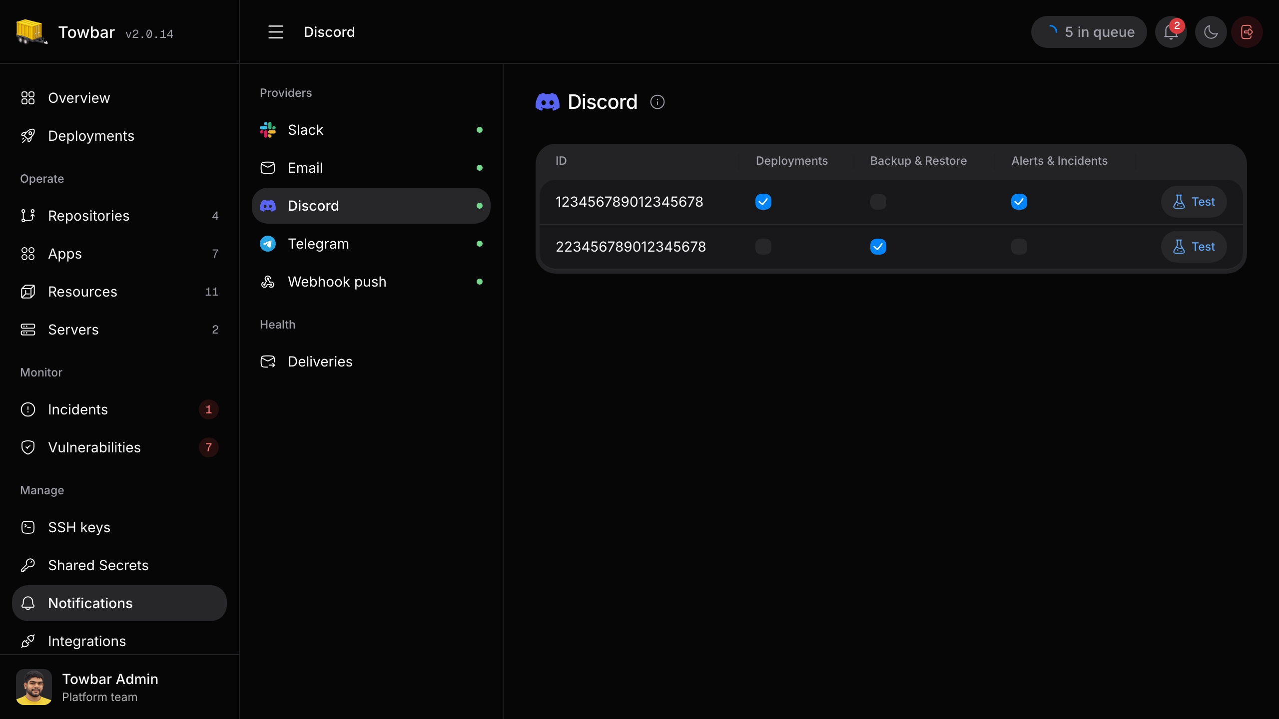 Discord webhook IDs and category subscriptions in Towbar.
