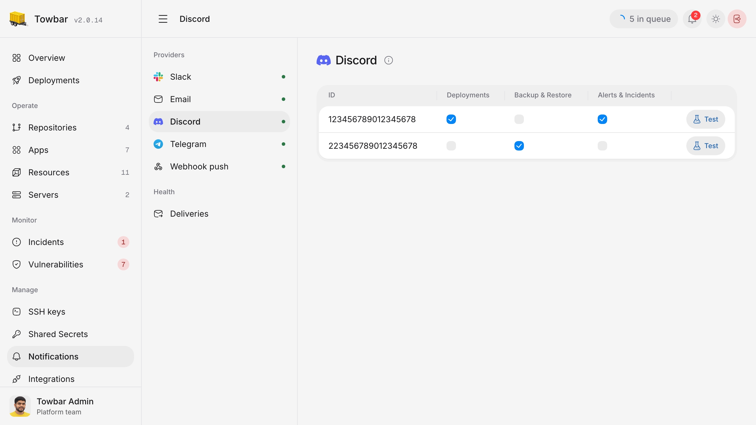 Discord webhook IDs and category subscriptions in Towbar.