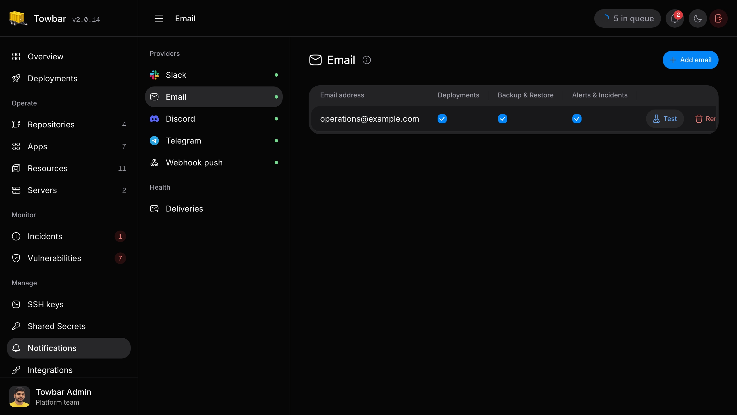 Email notification destinations and category subscriptions in Towbar.