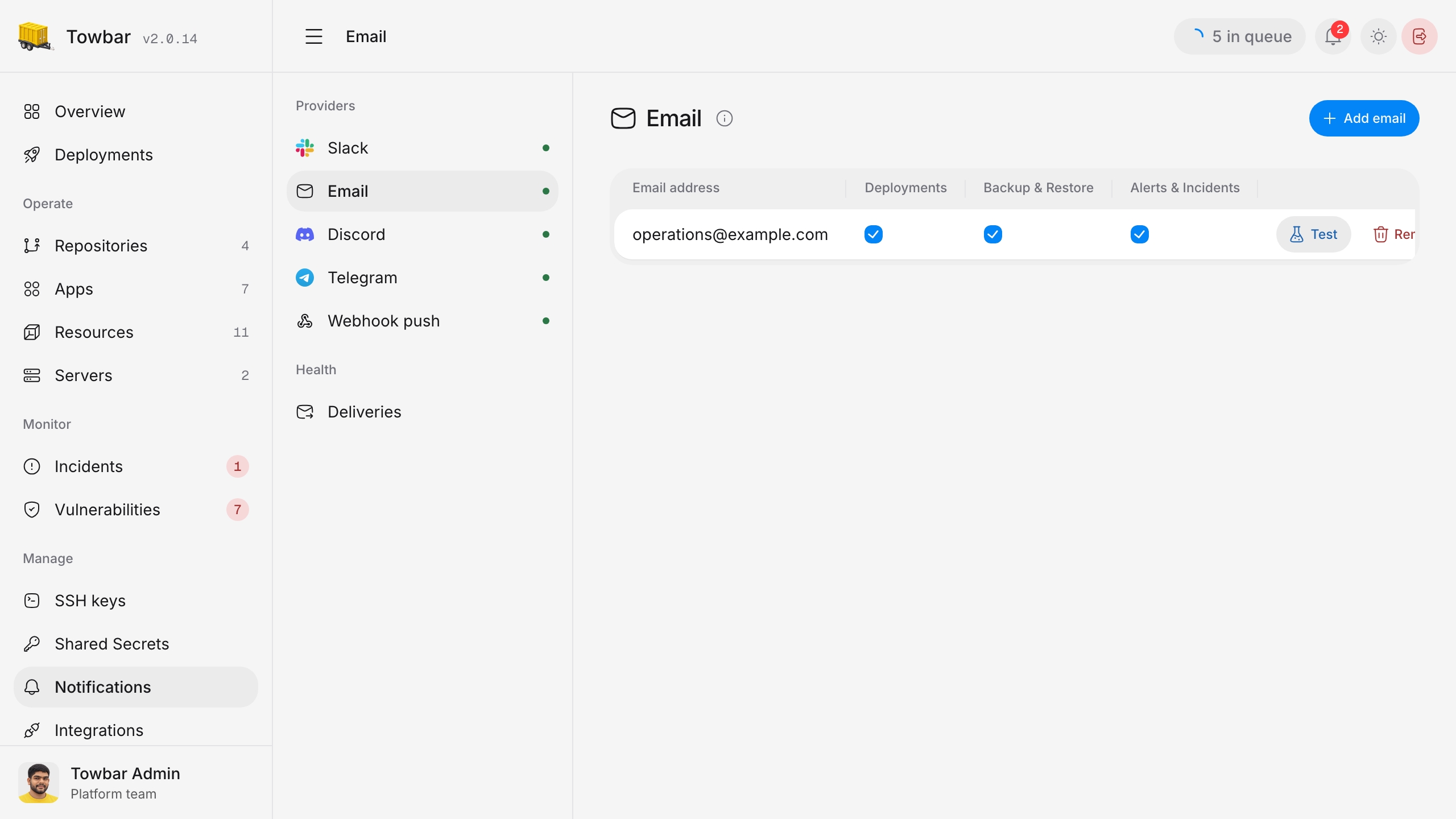 Email notification destinations and category subscriptions in Towbar.