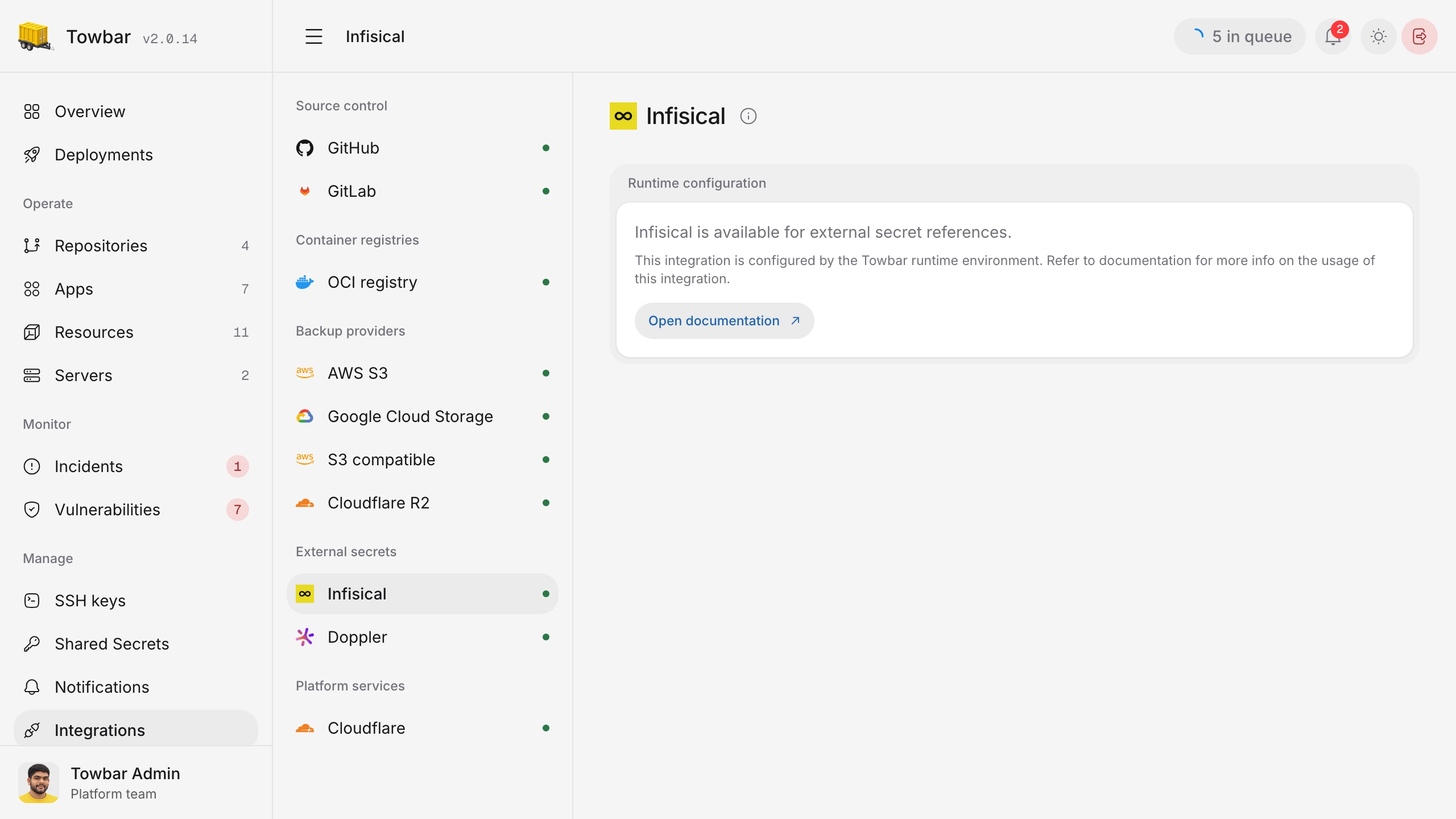 Infisical integration settings in Towbar.