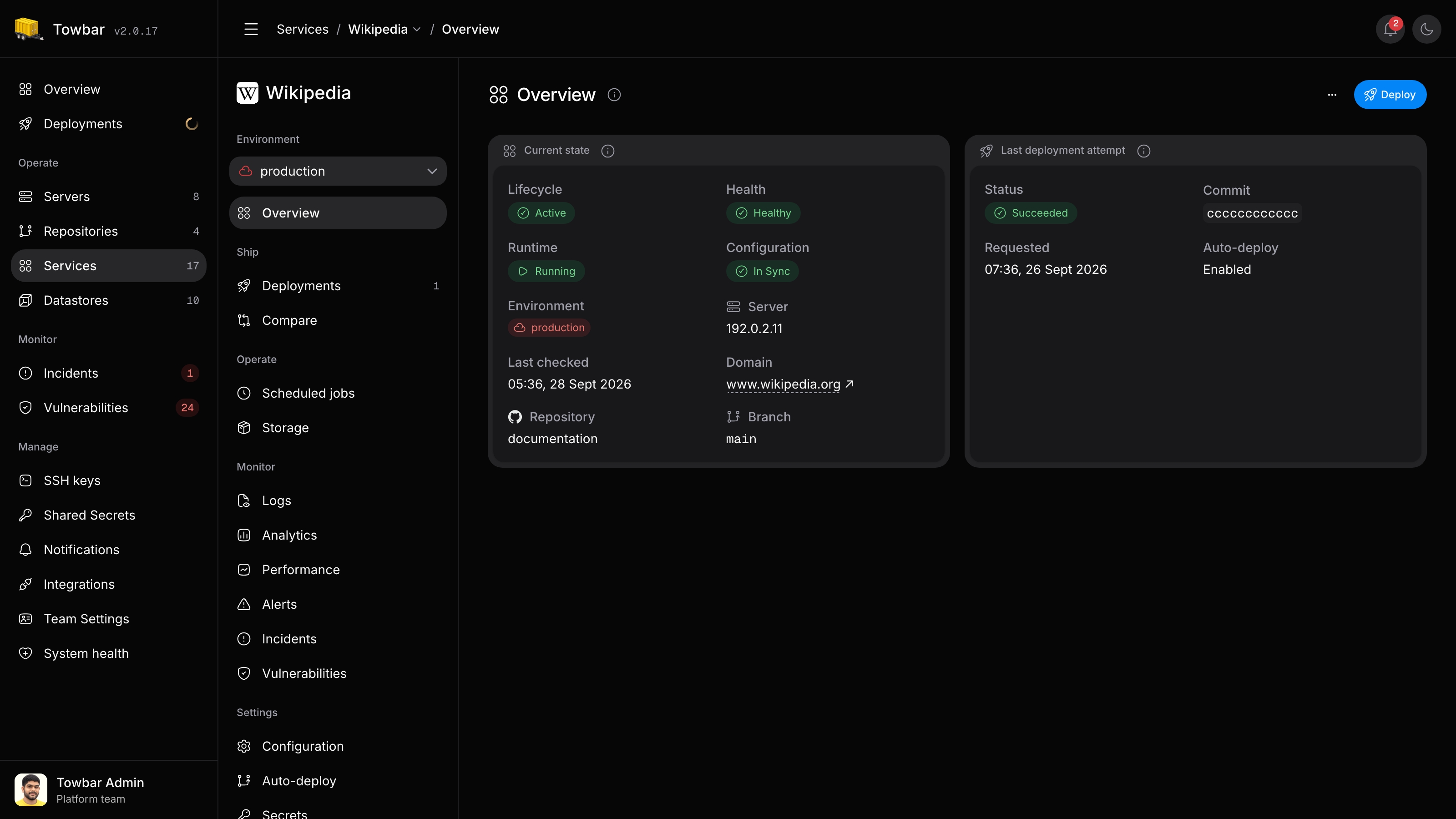 An example public Service using its domain favicon and showing health, running state, server, and latest deployment.