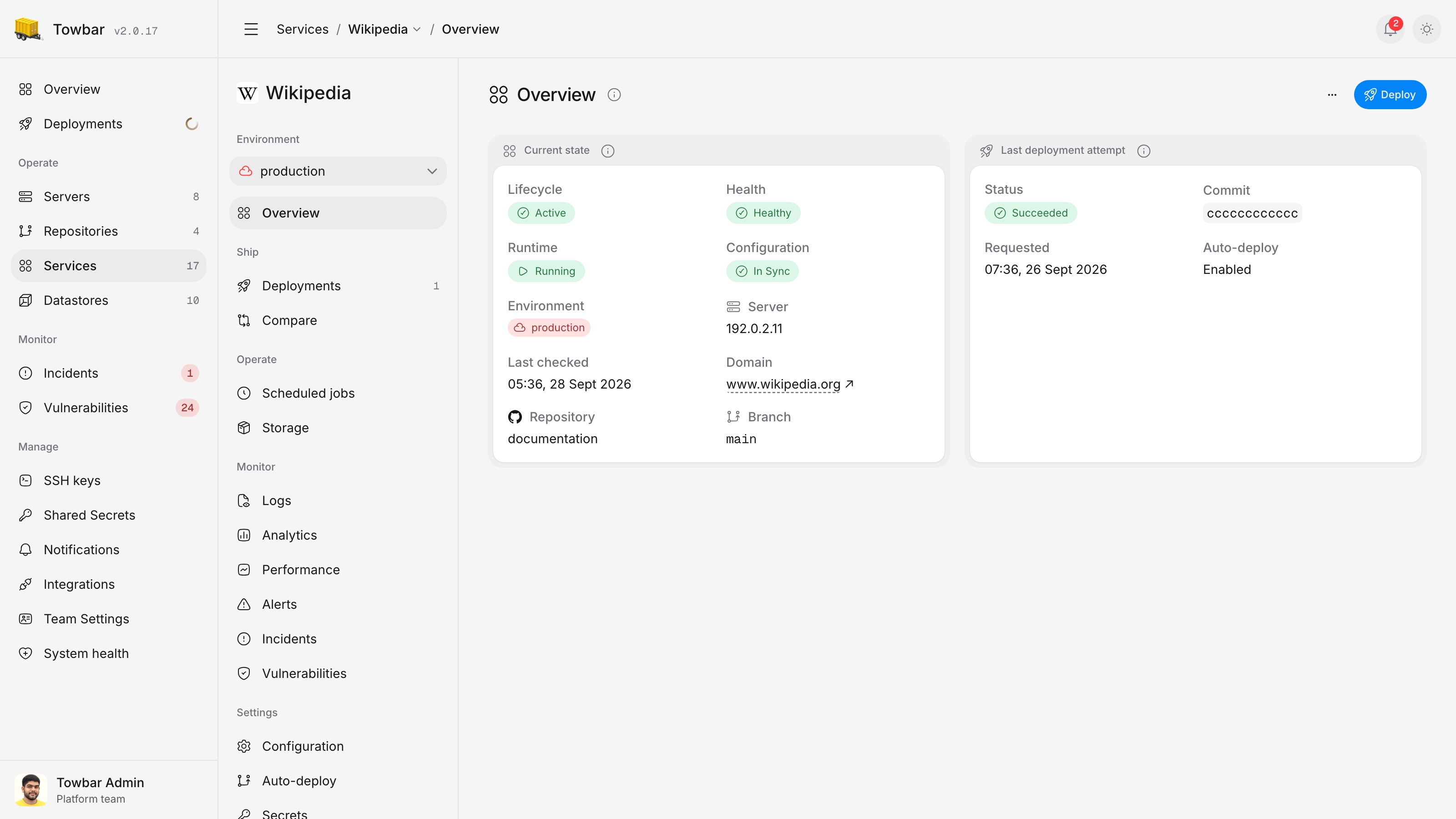 An example public Service using its domain favicon and showing health, running state, server, and latest deployment.