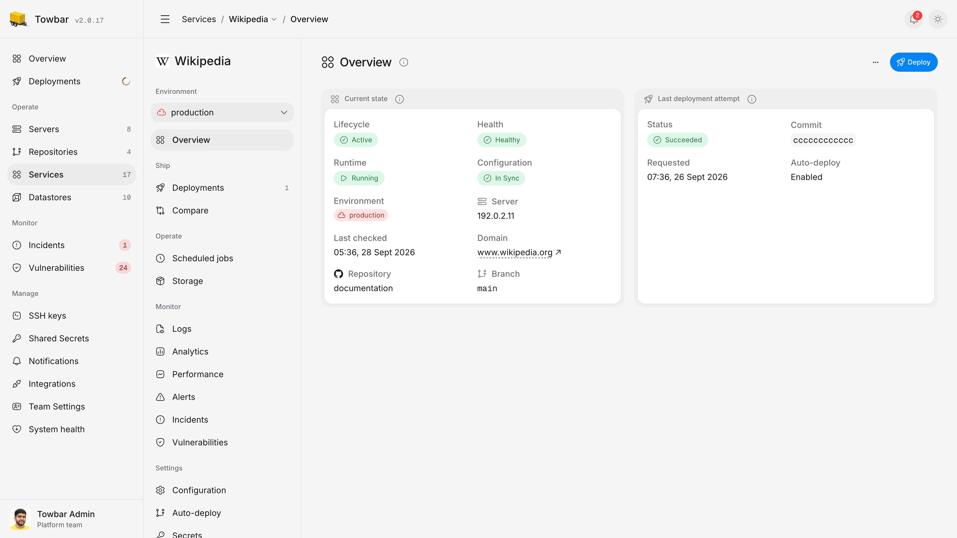 An example public Service using its domain favicon and showing health, running state, server, and latest deployment.