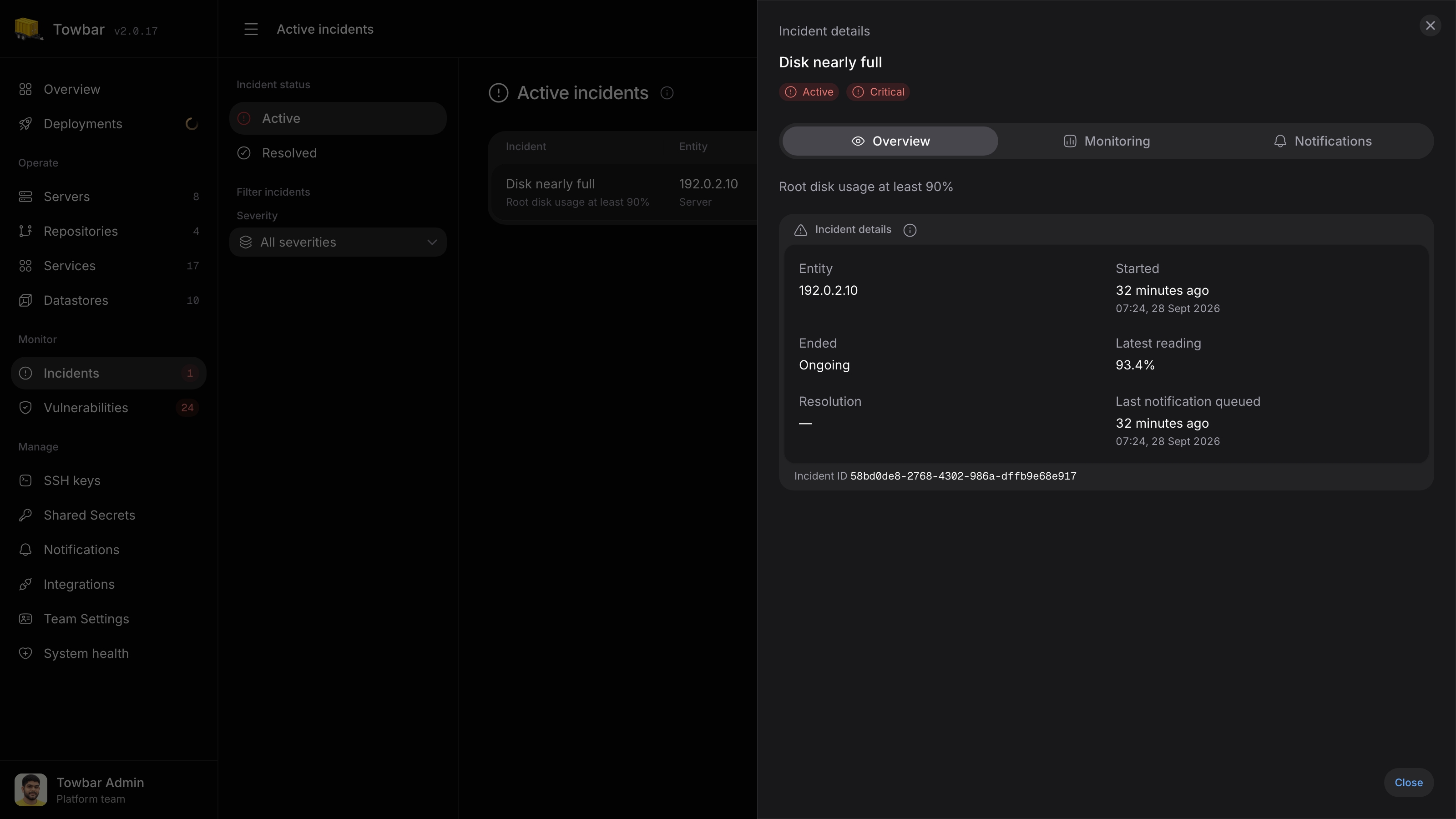 Incident details with severity, measurements, and notification timing.