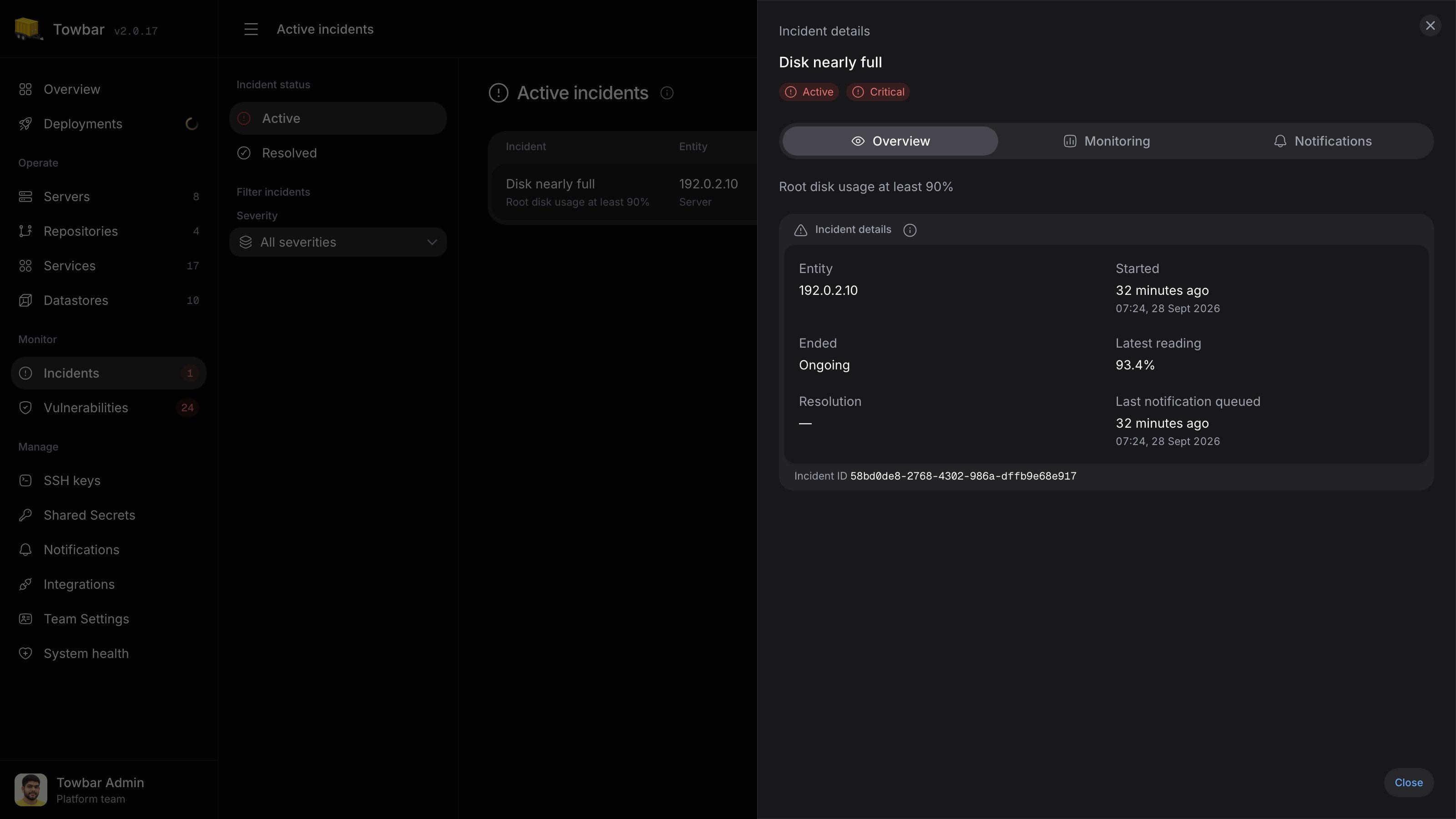 Incident details with severity, measurements, and notification timing.