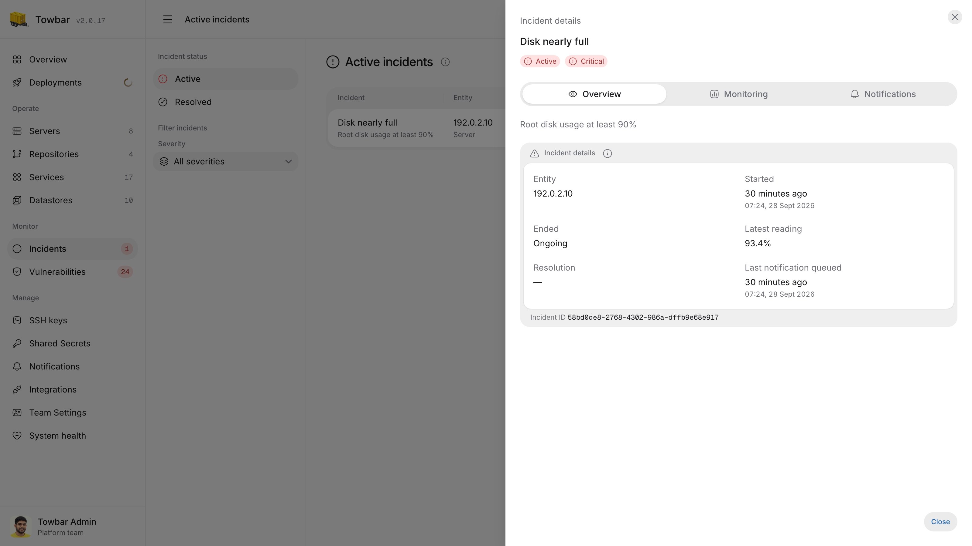 Incident details with severity, measurements, and notification timing.