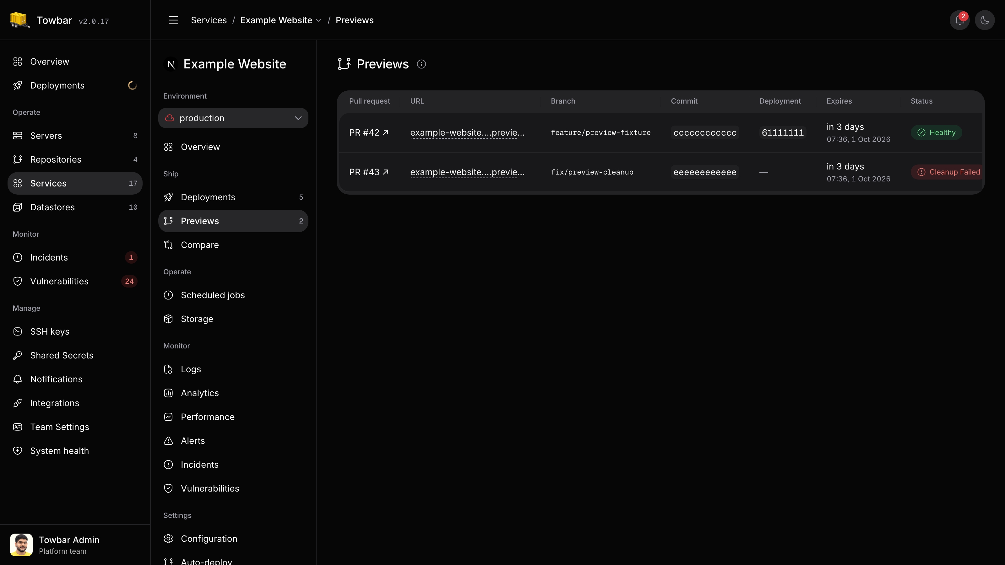 Example Towbar pull request previews showing URLs, commits, expiry times, health status, and cleanup retry details.