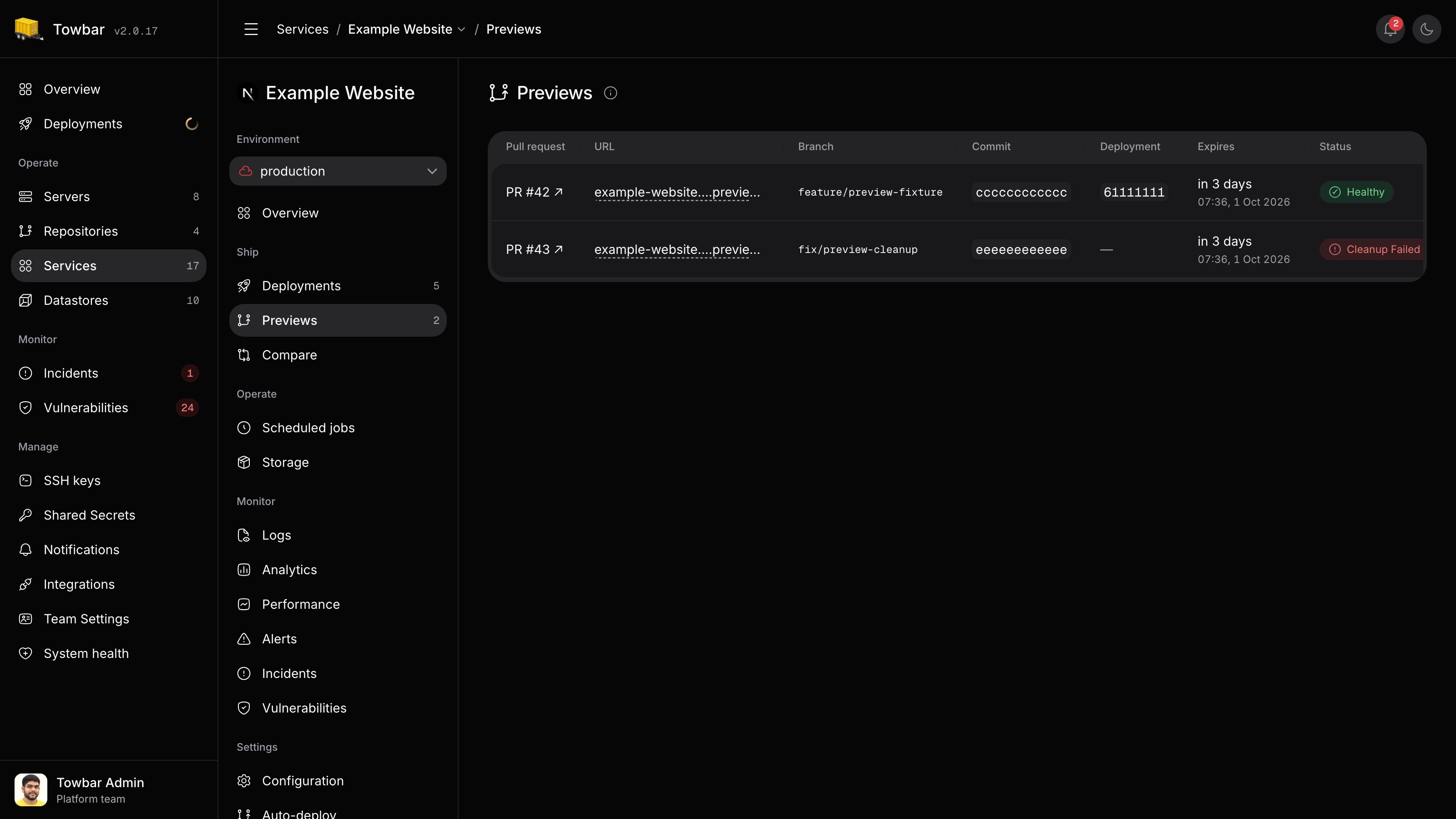 Example Towbar pull request previews showing URLs, commits, expiry times, health status, and cleanup retry details.