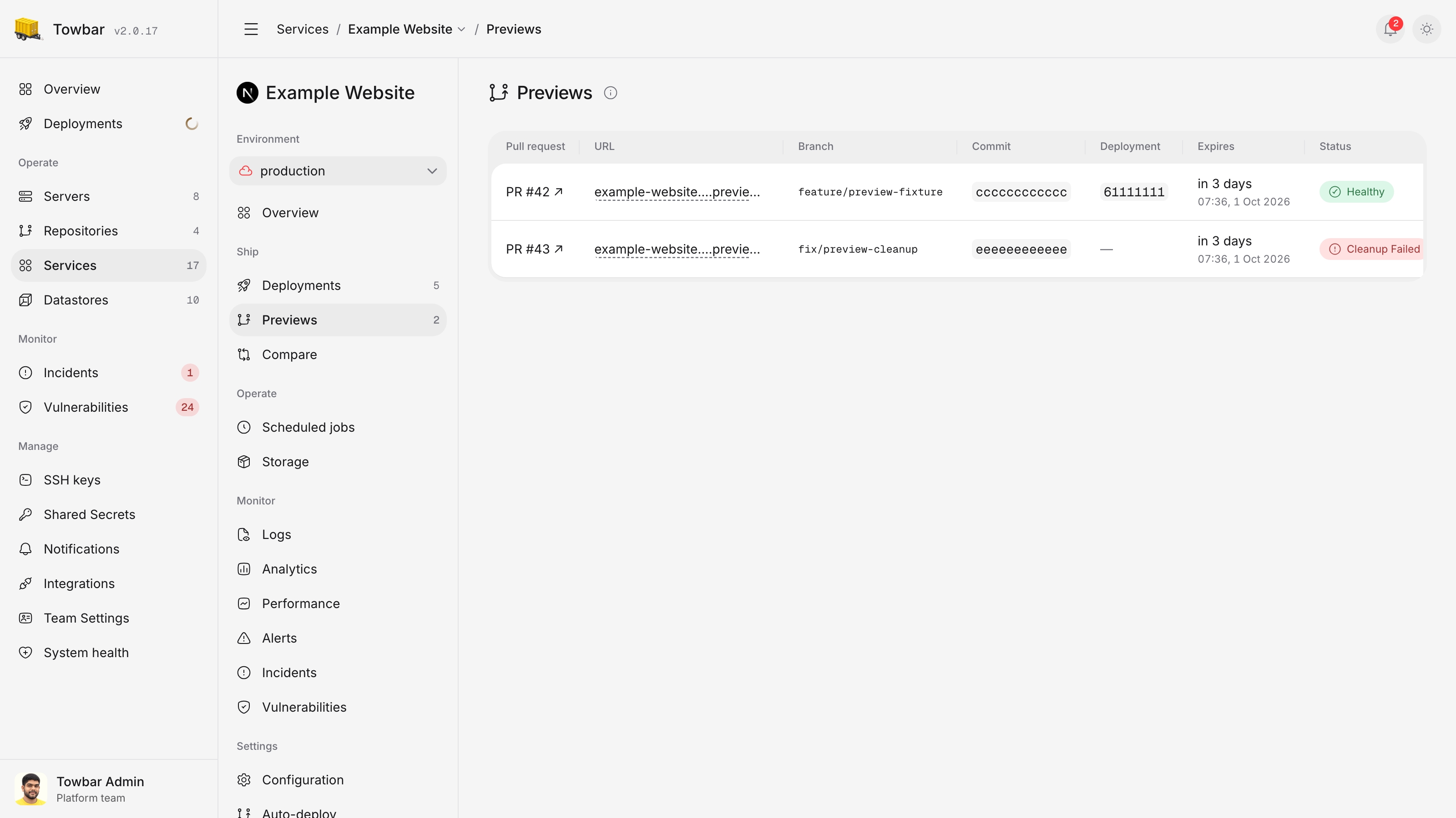 Example Towbar pull request previews showing URLs, commits, expiry times, health status, and cleanup retry details.