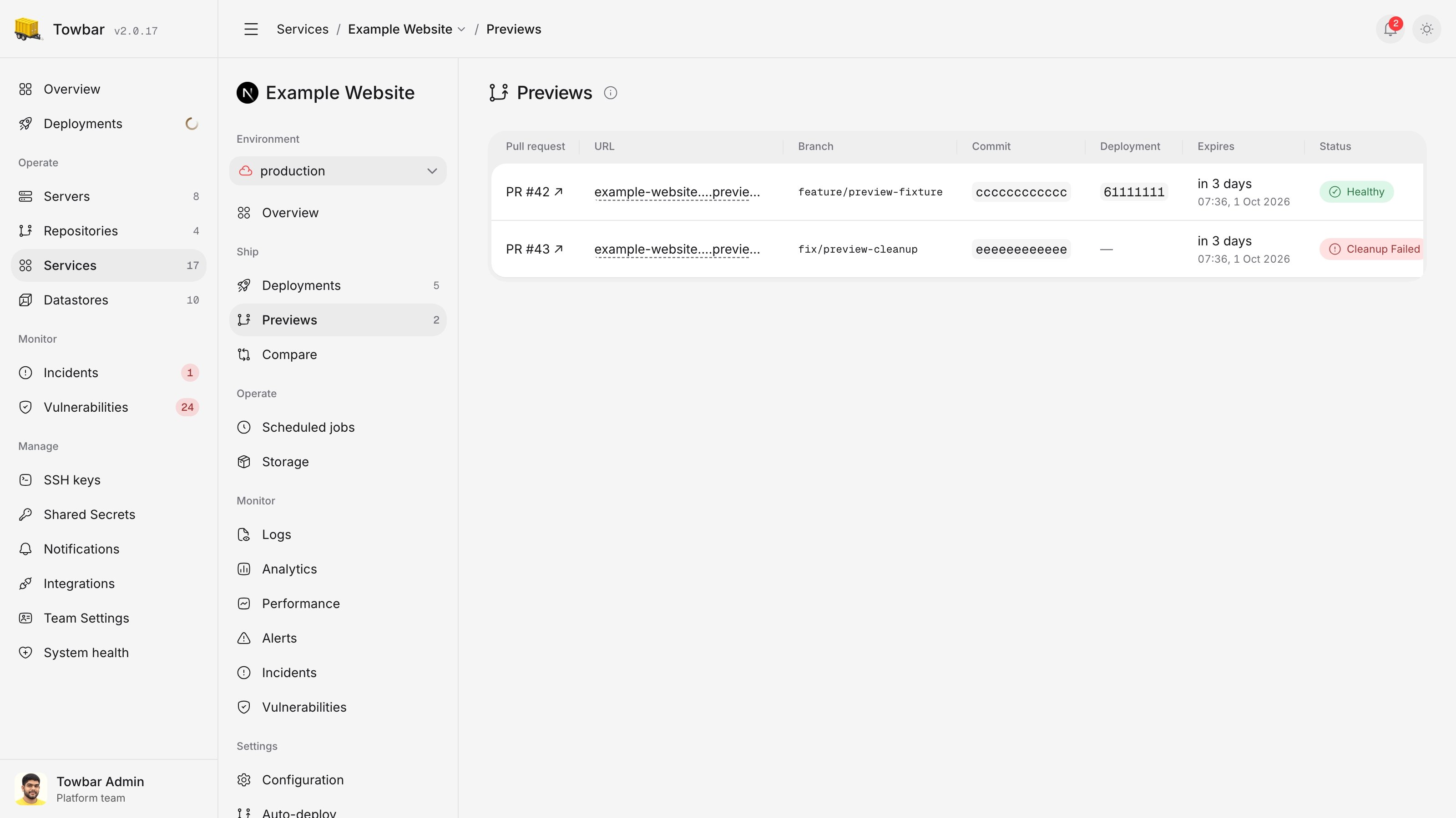 Example Towbar pull request previews showing URLs, commits, expiry times, health status, and cleanup retry details.
