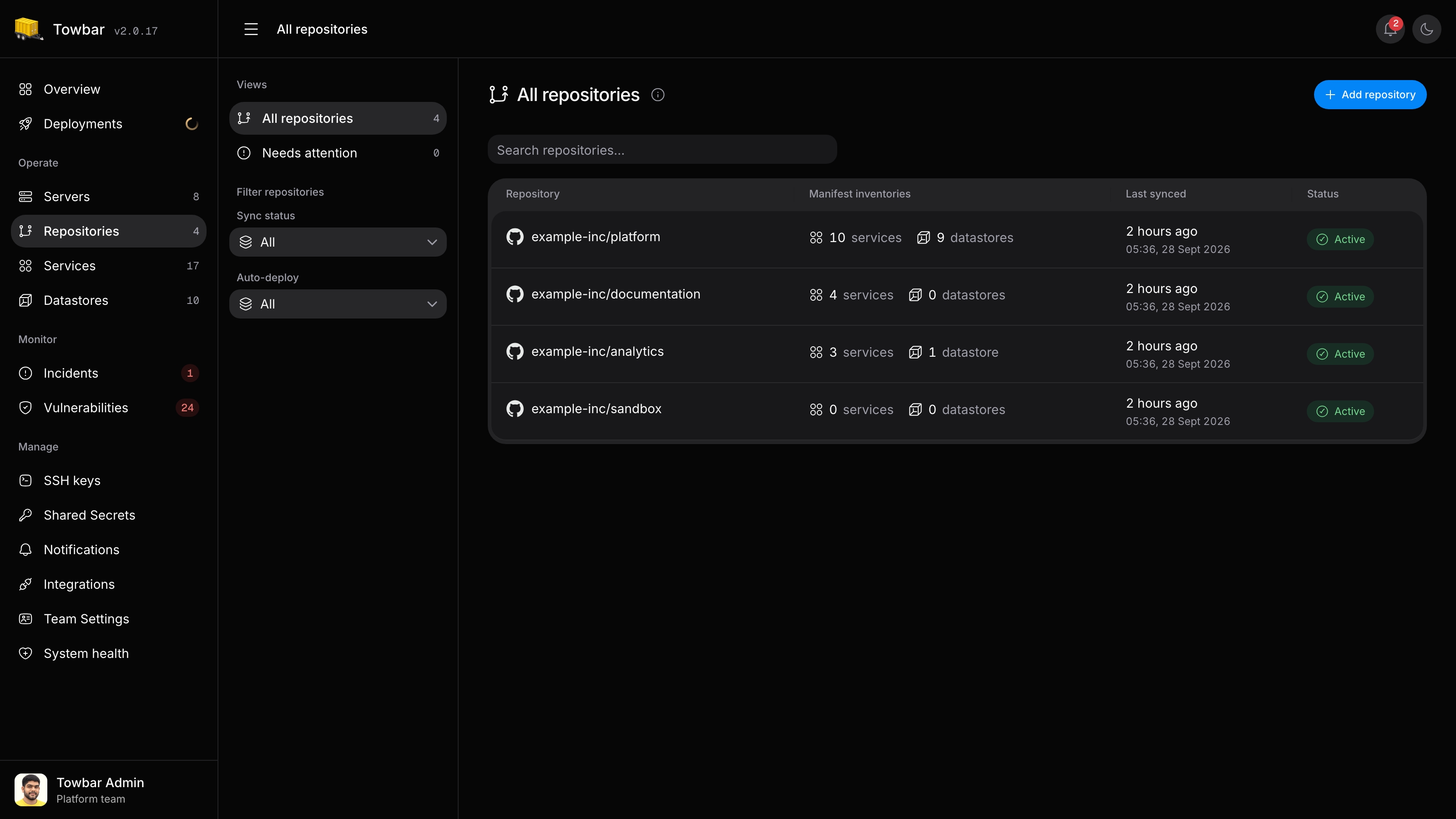 Repositories show imported Service and Datastore counts and the latest sync time.